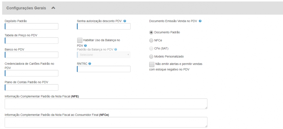 Configurações iniciais PDV